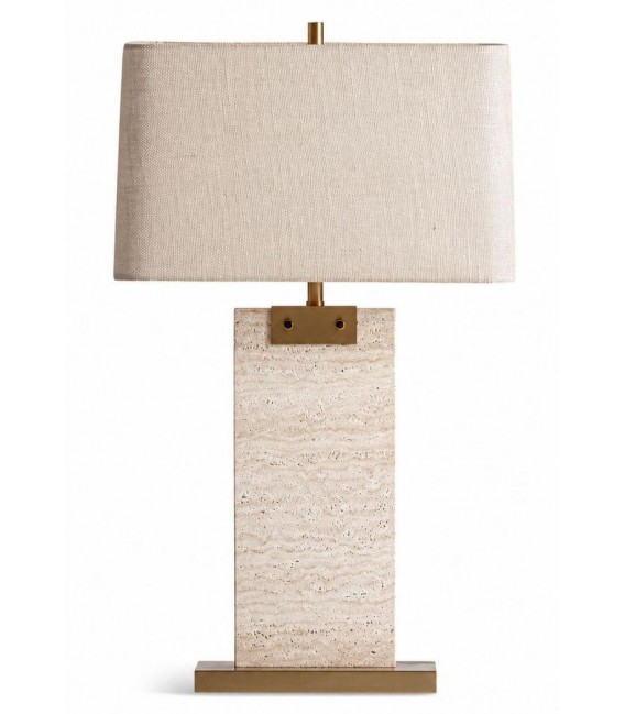 Lámpara de sobremesa alta de travertino beige y latón envejecido
