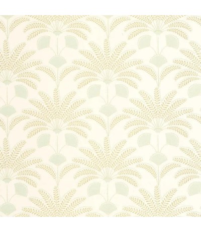 Rollo de papel pintado con hojas aguamarina y beige estilo art déco