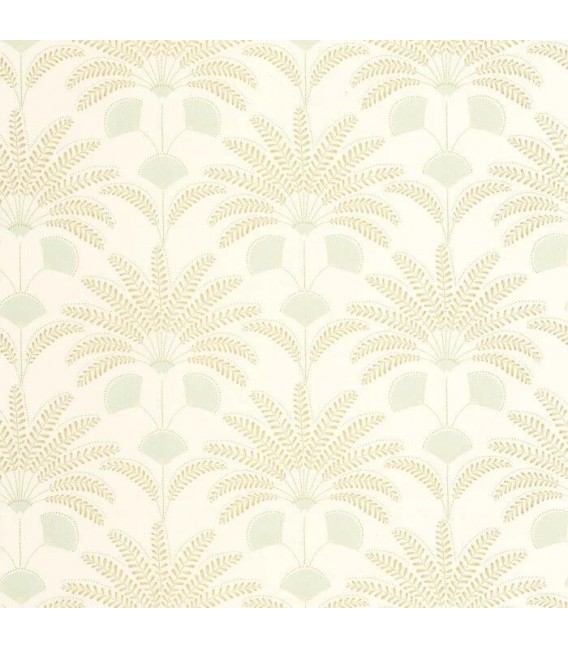 Rollo de papel pintado con hojas aguamarina y beige estilo art déco