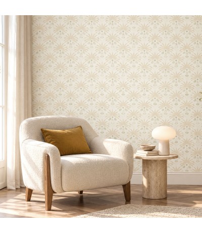Rollo de papel pintado con hojas aguamarina y beige estilo art déco Mdmhogar