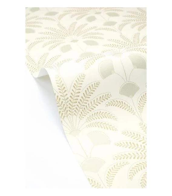 Rollo de papel pintado con hojas aguamarina y beige estilo art déco1