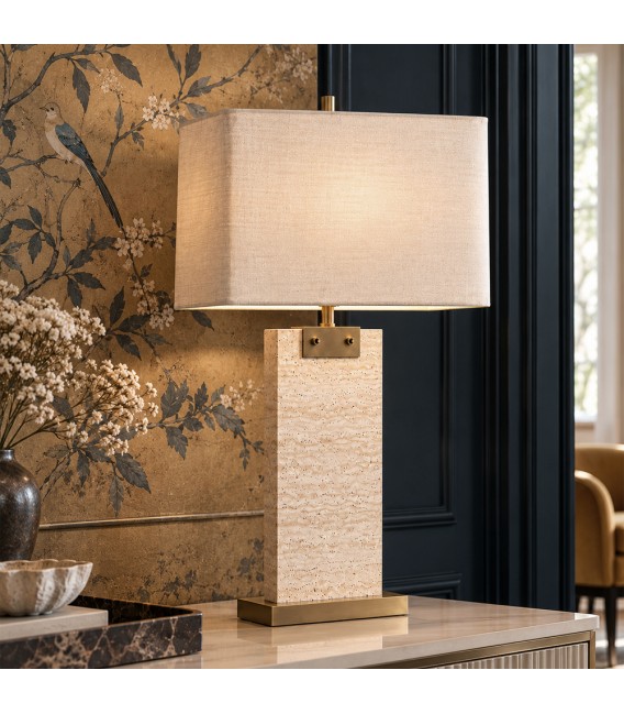Lámpara de sobremesa alta de travertino beige y latón envejecido Mdmhogar