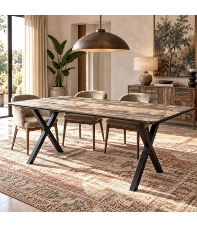 Mesa de comedor rectangular de madera multicolor y metal vintage Mdmhogar