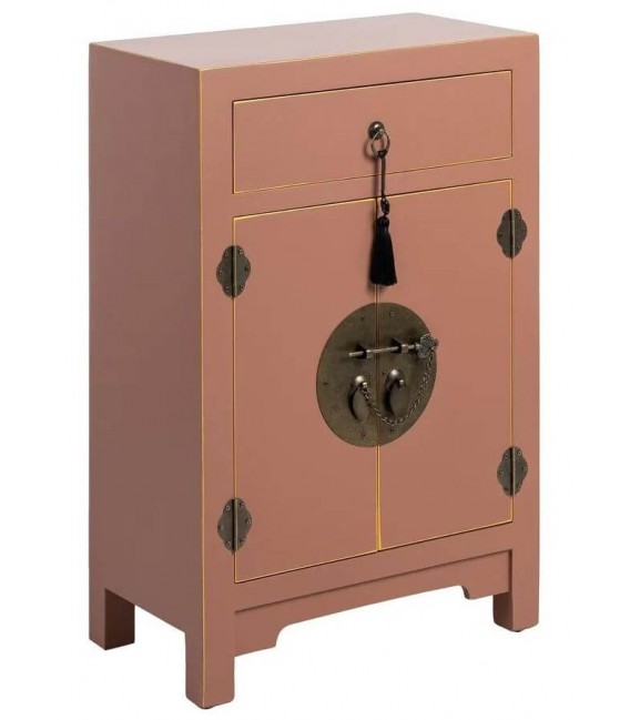 Mesita de noche de madera color moka con herrajes dorados oriental