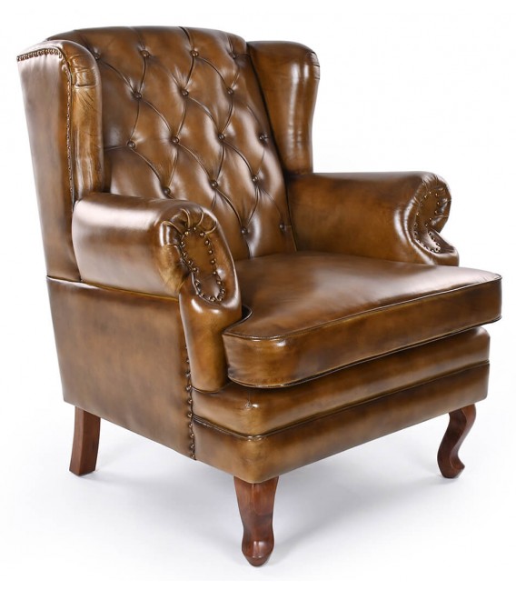 Sillón de orejas grande de piel natural marrón coñac estilo clásico