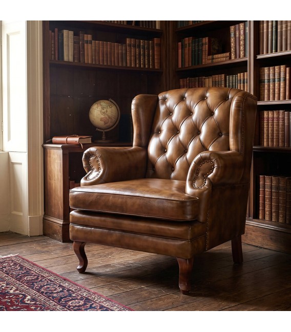 Sillón de orejas grande de piel natural marrón coñac estilo clásico Mdmhogar