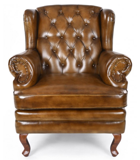 Sillón de orejas grande de piel natural marrón coñac estilo clásico 1