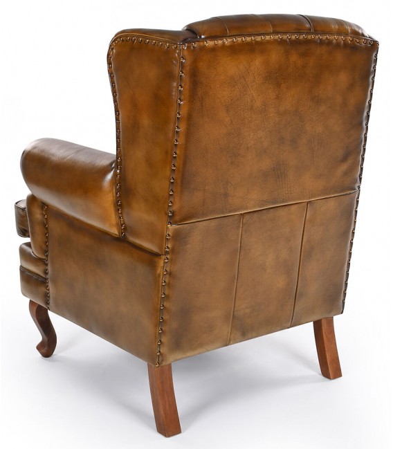 Sillón de orejas grande de piel natural marrón coñac estilo clásico 2