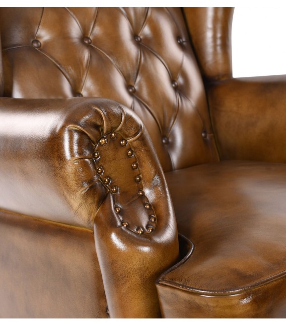Sillón de orejas grande de piel natural marrón coñac estilo clásico 4