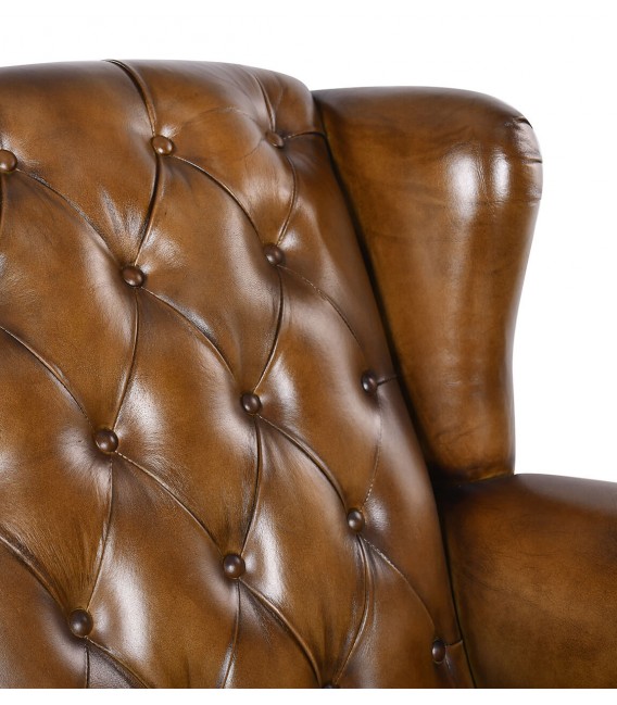Sillón de orejas grande de piel natural marrón coñac estilo clásico 3
