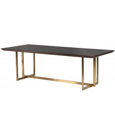 Mesa de comedor rectangular XL de fresno nogal oscuro y metal dorado