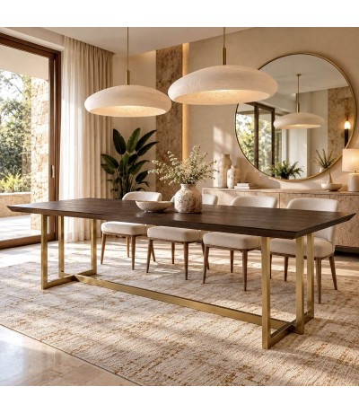 Mesa de comedor rectangular XL de fresno nogal oscuro y metal dorado Mdmhogar