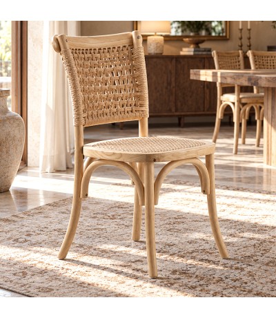 Silla de comedor de madera de olmo y fibras trenzadas estilo boho Mdmhogar