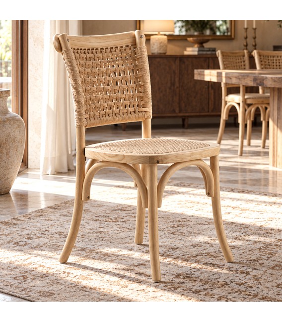 Silla de comedor de madera de olmo y fibras trenzadas estilo boho Mdmhogar