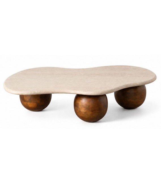 Mesa de centro irregular de mármol beige y madera de mango nogal