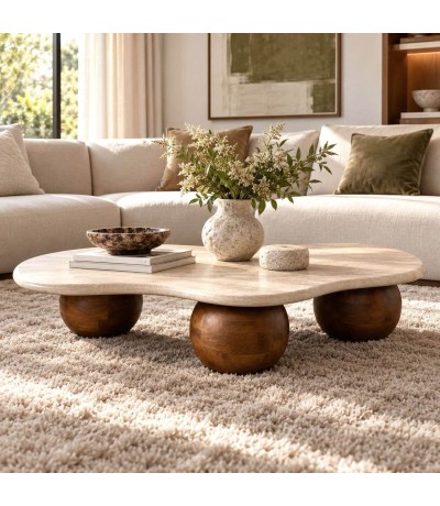 Mesa de centro irregular de mármol beige y madera de mango nogal Mdmhogar