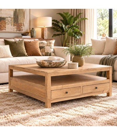 Mesa de centro cuadrada grande de madera maciza de mindi estilo boho Mdmhogar