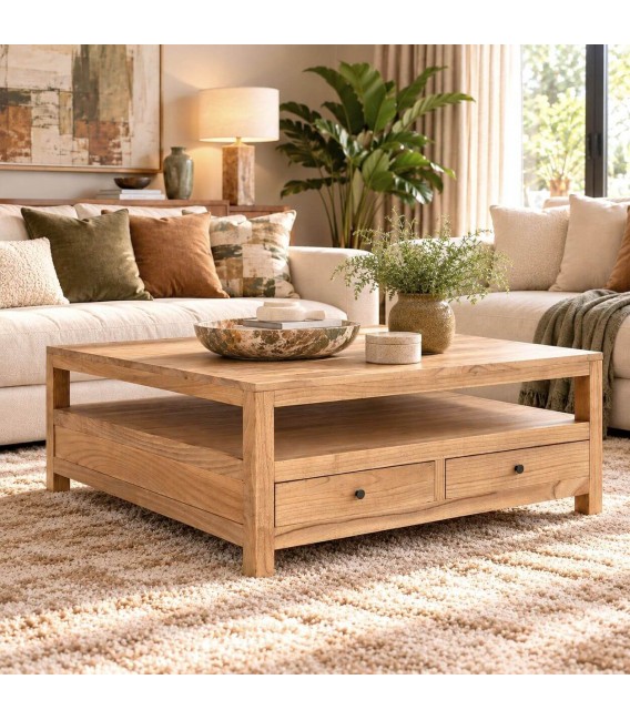 Mesa de centro cuadrada grande de madera maciza de mindi estilo boho Mdmhogar