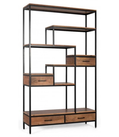 Estantería industrial de madera maciza de mango y metal negro