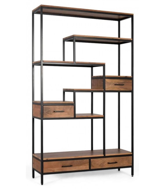 Estantería industrial de madera maciza de mango y metal negro
