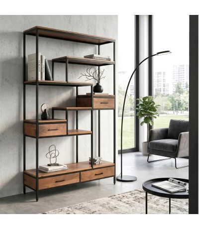Estantería industrial de madera maciza de mango y metal negro Mdmhogar