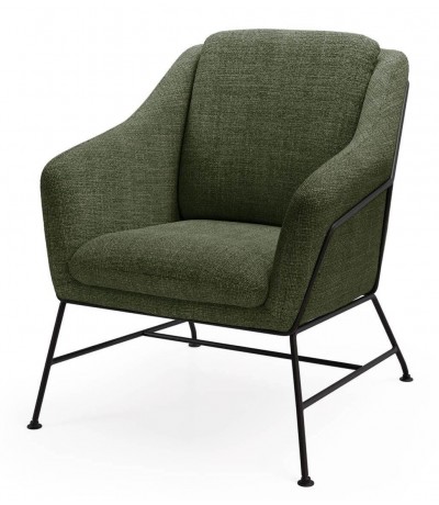 Butaca cómoda tapizada verde oliva y metal negro contemporánea