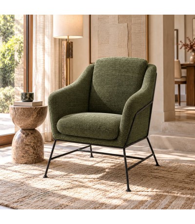 Butaca cómoda tapizada verde oliva y metal negro contemporánea Mdmhogar