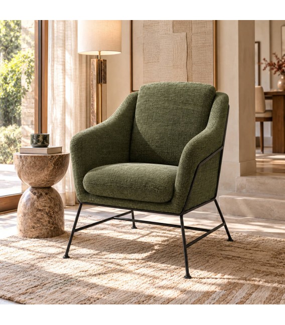 Butaca cómoda tapizada verde oliva y metal negro contemporánea Mdmhogar