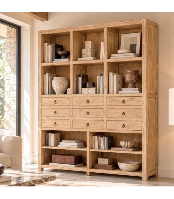 Estantería XXL madera maciza de olmo cajones natural estilo oriental Mdmhogar