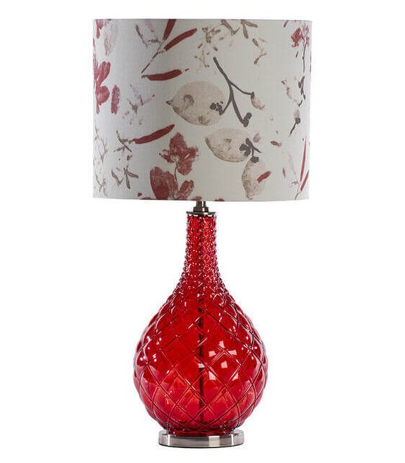 Lámpara de sobremesa alta cristal rojo pantalla estampada clasica