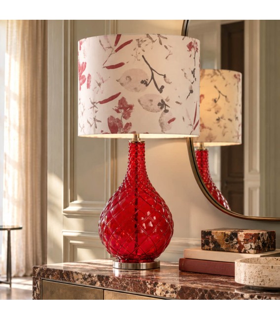 Lámpara de sobremesa alta cristal rojo pantalla estampada clasica Mdmhogar