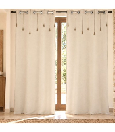 Set 2 cortinas de algodón beige con borlas y anillas, estilo natural. Mdmhogar