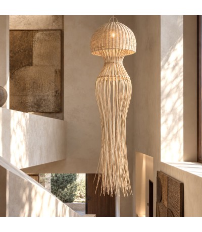 Lámpara de techo muy alta de ratán natural tipo medusa estilo boho Mdmhogar