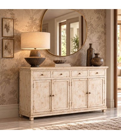 Aparador de madera maciza de mango beige decapado estilo boho Mdmhogar