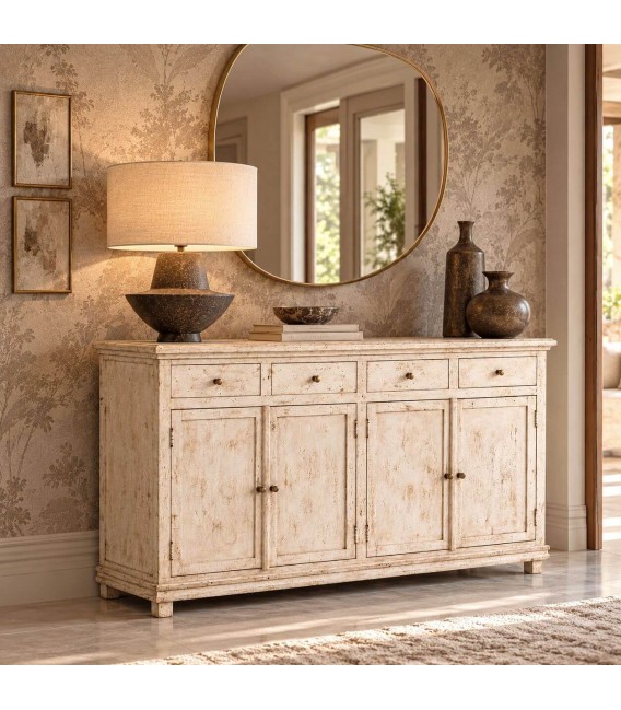 Aparador de madera maciza de mango beige decapado estilo boho Mdmhogar