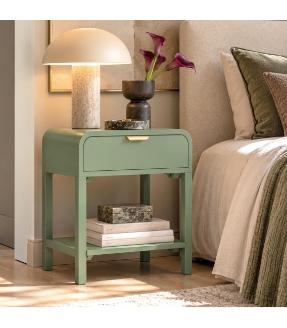 Mesita de noche madera verde salvia con cajón y tirador dorado Mdmhogar