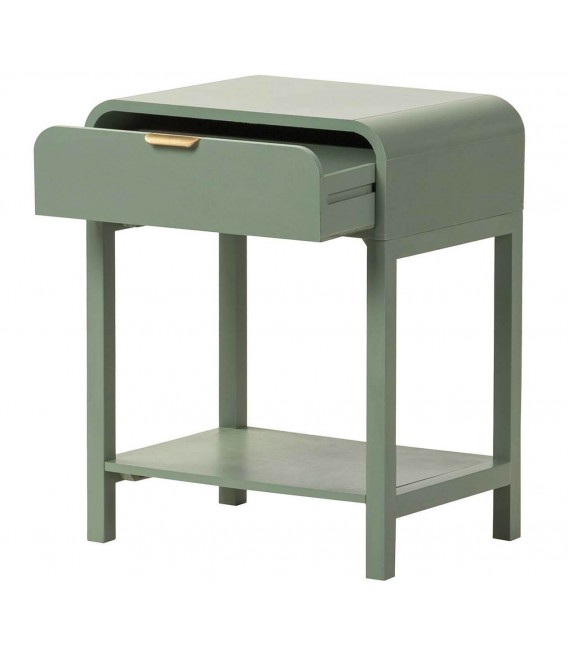 Mesita de noche madera verde salvia con cajón y tirador dorado 2