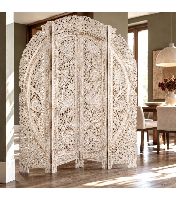 Biombo grande de madera tallada blanco y dorado estilo oriental Mdmhogar