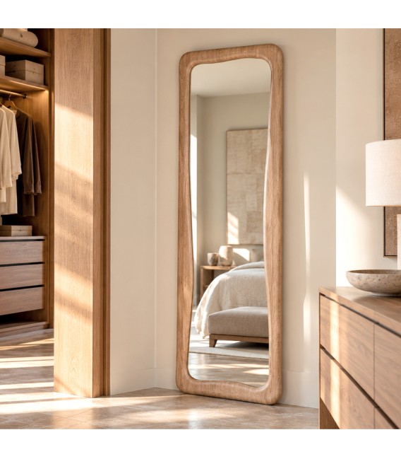Espejo vestidor de madera natural con marco redondeado estilo boho Mdmhogar