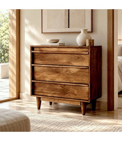 Cómoda pequeña de madera de mango en nogal medio estilo contemporáneo Mdmhogar