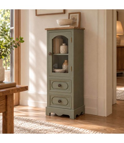 Vitrina pequeña verde oliva con tapa de madera natural estilo clásico Mdmhogar