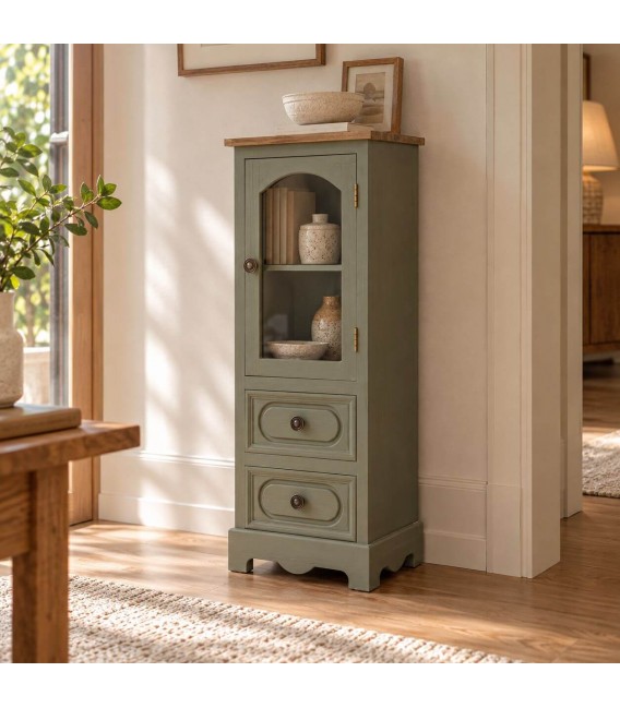Vitrina pequeña verde oliva con tapa de madera natural estilo clásico Mdmhogar