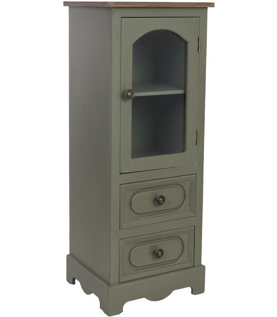 Vitrina pequeña verde oliva con tapa de madera natural estilo clásico