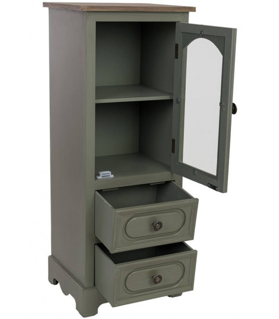 Vitrina pequeña verde oliva con tapa de madera natural estilo clásico 1