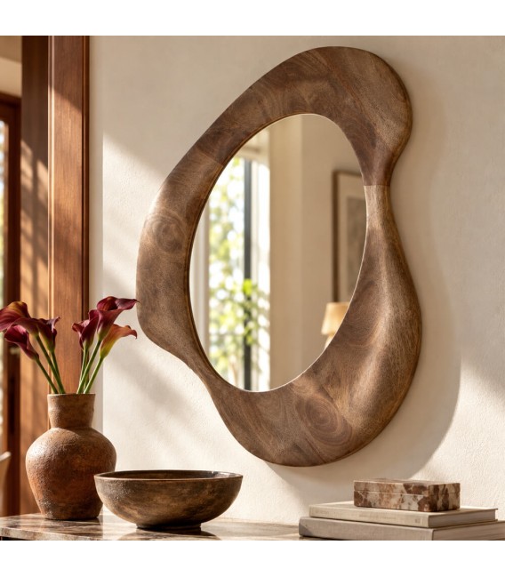 Espejo de pared de madera nogal con marco orgánico contemporáneo Mdmhogar