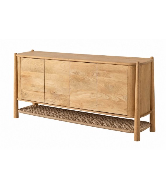 Aparador boho de madera maciza de mango natural con estante trenzado 1