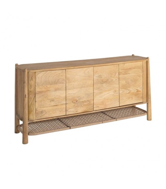 Aparador boho de madera maciza de mango natural con estante trenzado