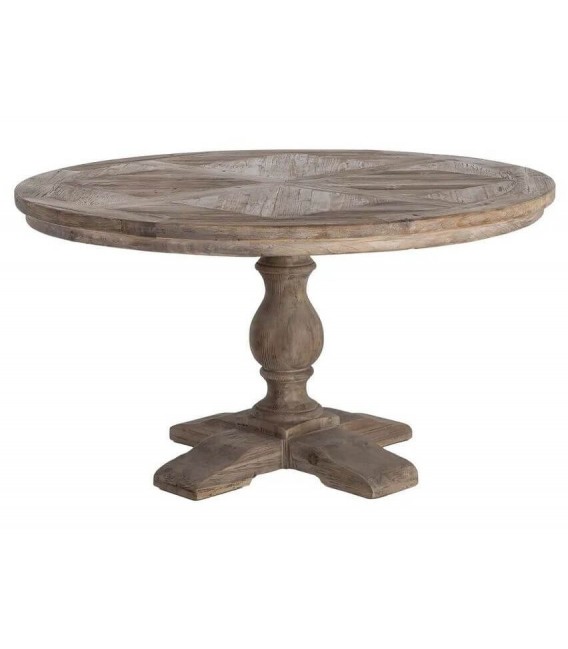 Mesa de comedor redonda de pino reciclado con pie central torneado