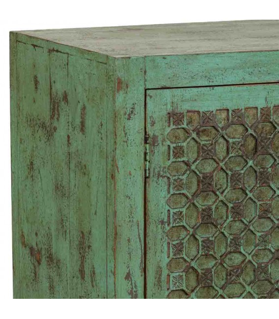Taquillón étnico de madera de mango tallada en verde decapado 4