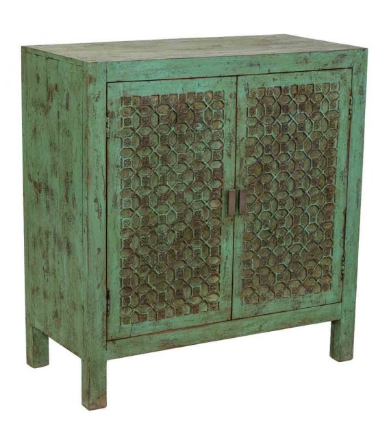 Taquillón étnico de madera de mango tallada en verde decapado 1